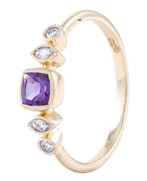 14K Yellow Gold Ring with Amethyst and Diamonds