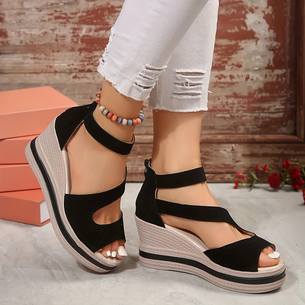 Amozae-Chic Platform Wedge Sandals for Women - Easy Zip, Hollow-Out Design, Comfy for Beach & Vacation