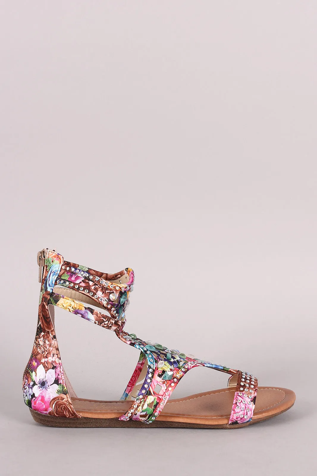 Bejeweled Floral Print Gladiator Flat Sandal