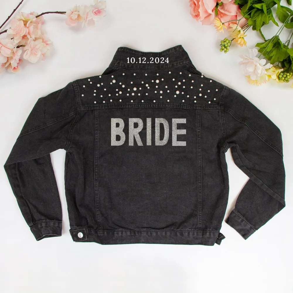 (Black Pearl) Rhinestone Bride Patch Denim Jacket