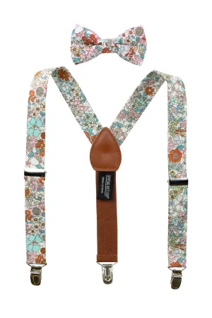 Boys' Floral Cotton Suspenders and Bow Tie Set, Blue Pink Sage (Color F27)