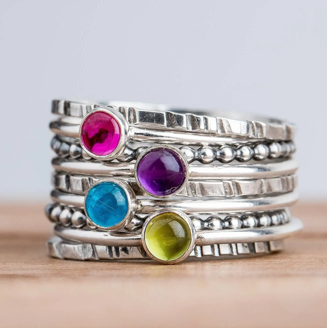 Colorful Stacking Gemstone Rings Set Of 9