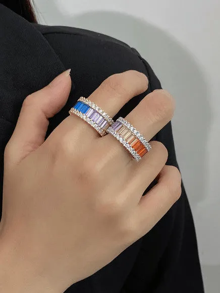 Eternity Ring Rainbow Zircon with Halo 925 Sterling Silver Chunky Ring Band