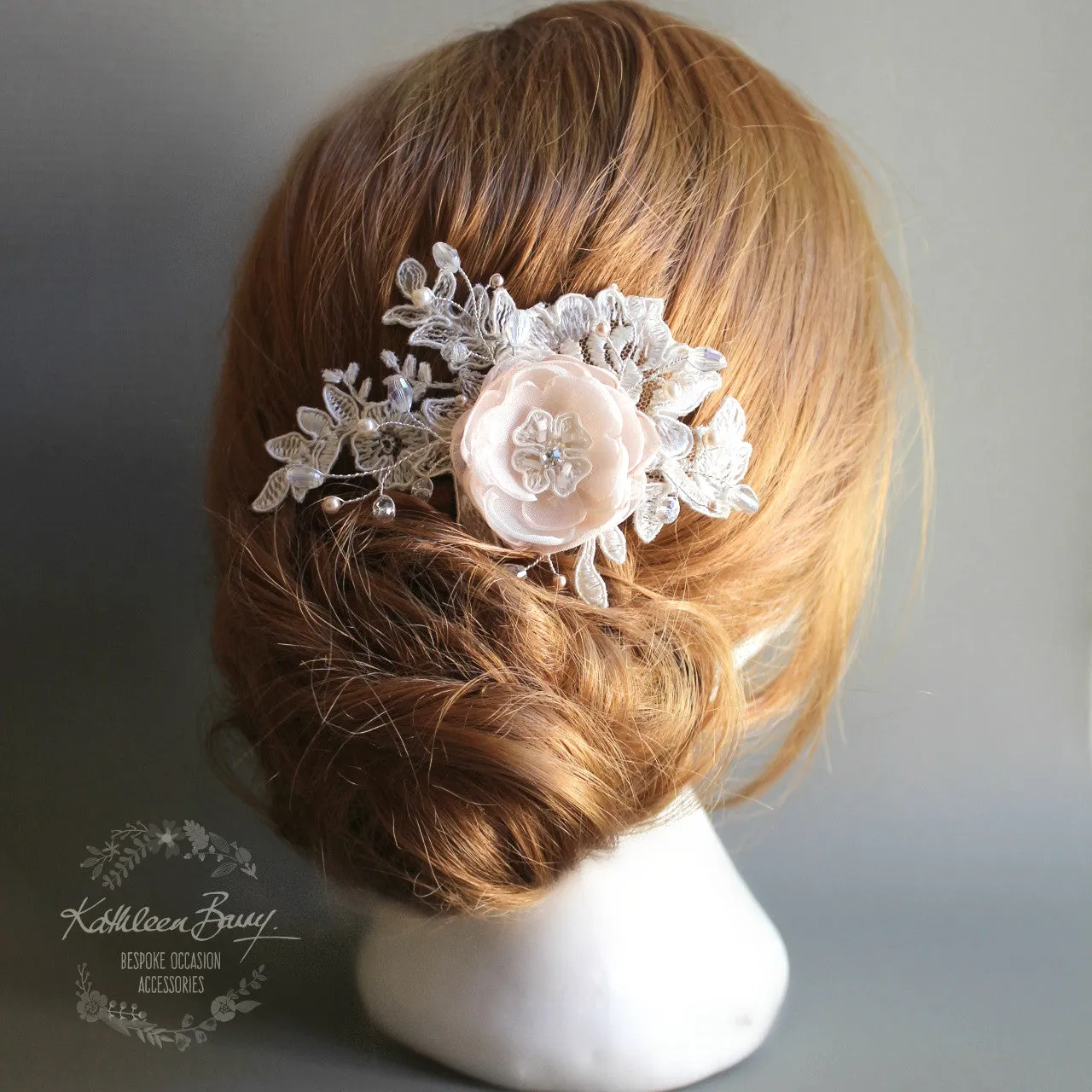 Laura Lace Bridal flower hairpiece - hint of blush pink - Custom colors to order