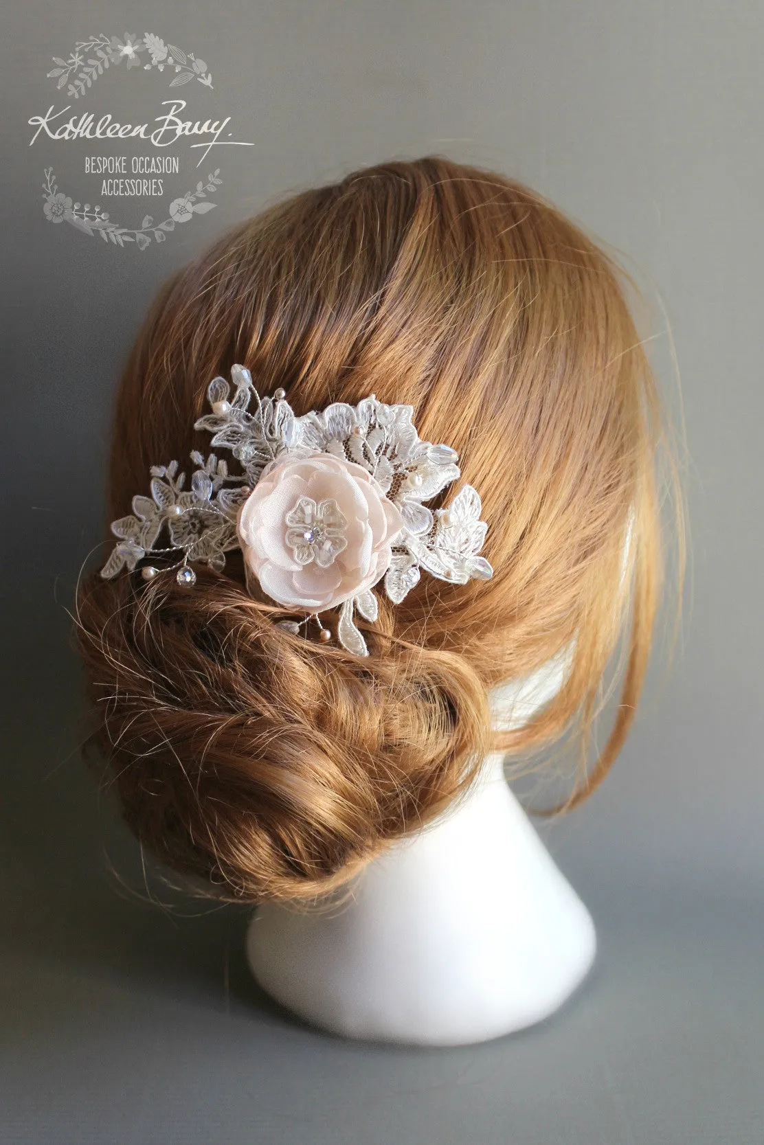 Laura Lace Bridal flower hairpiece - hint of blush pink - Custom colors to order