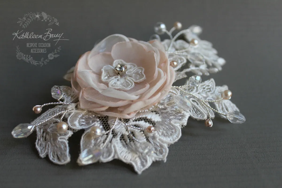 Laura Lace Bridal flower hairpiece - hint of blush pink - Custom colors to order