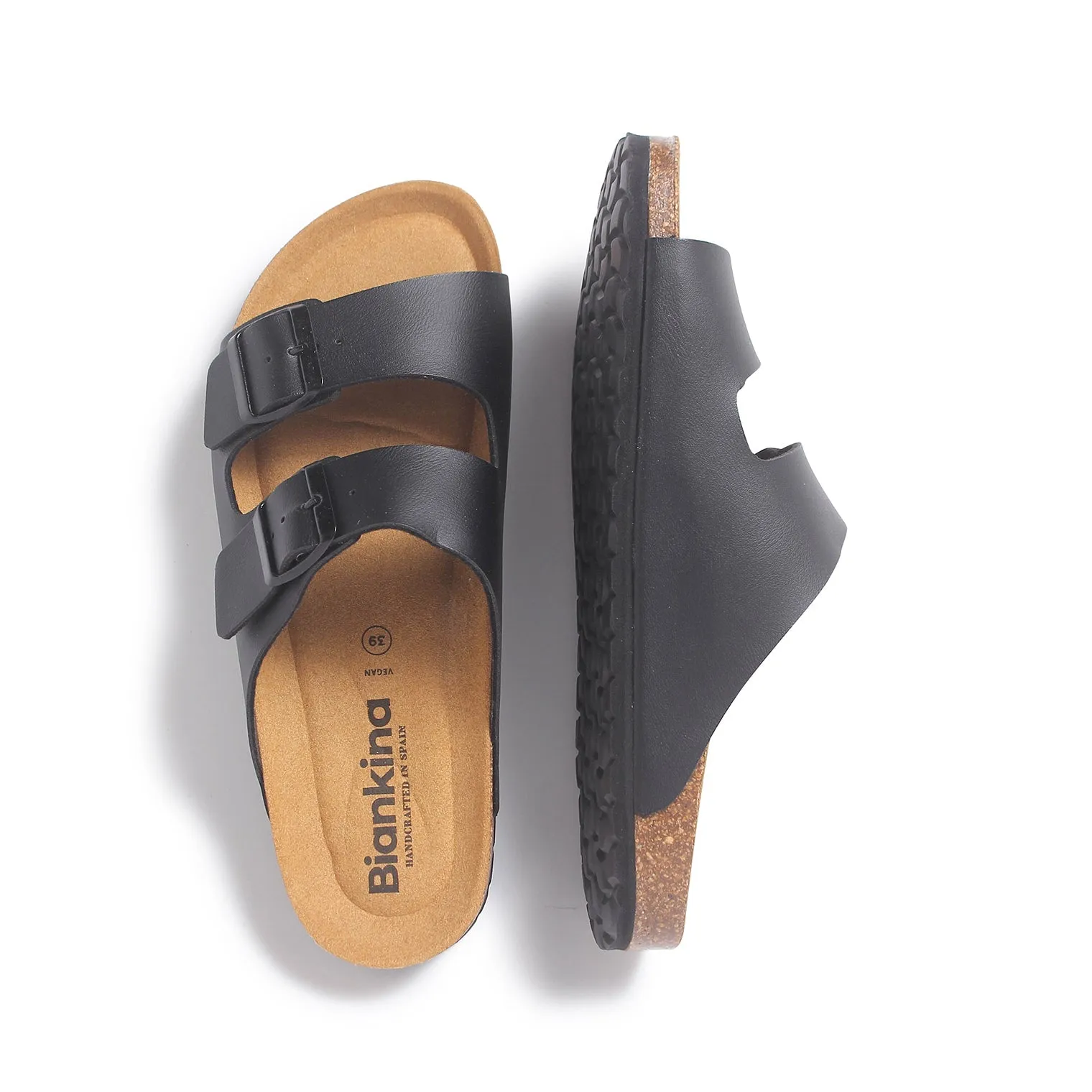 Marbella Vegan Leather Slip On Cork Sandal - Black