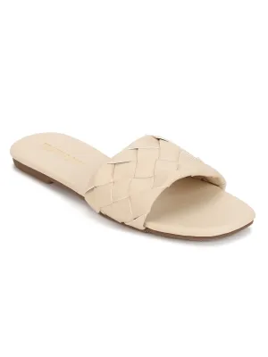 Nude PU Woven Slide On Flat Sandals