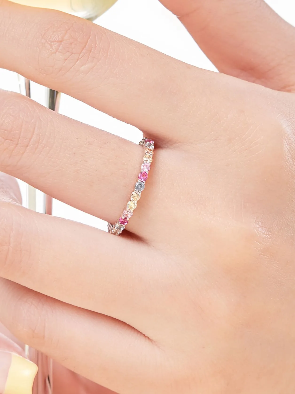 Pastel Rainbow Eternity Ring Band Cubic Zirconia 2mm Thin Dainty Wedding Rings Women's Jewelry