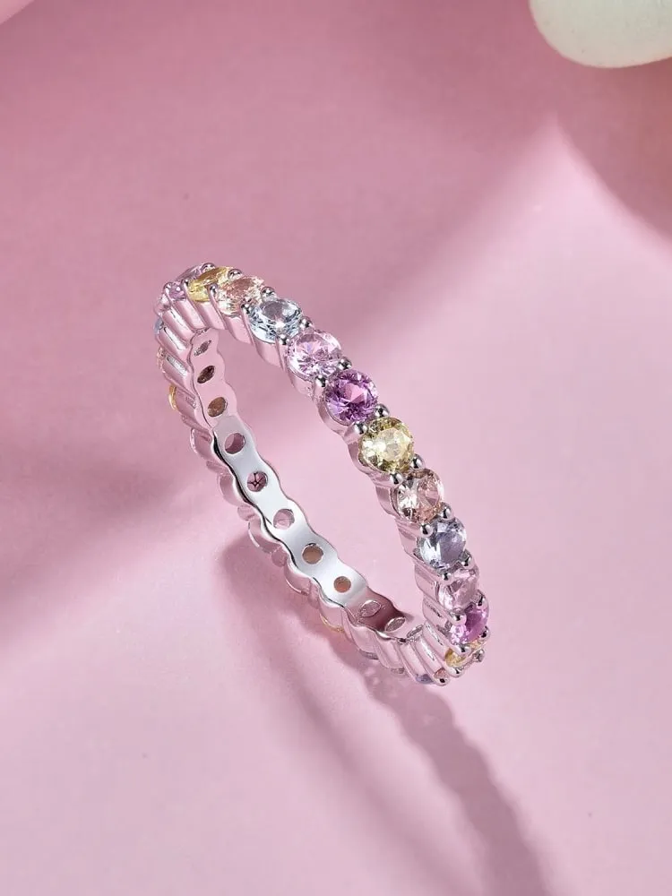 Pastel Rainbow Eternity Ring Band Cubic Zirconia 2mm Thin Dainty Wedding Rings Women's Jewelry