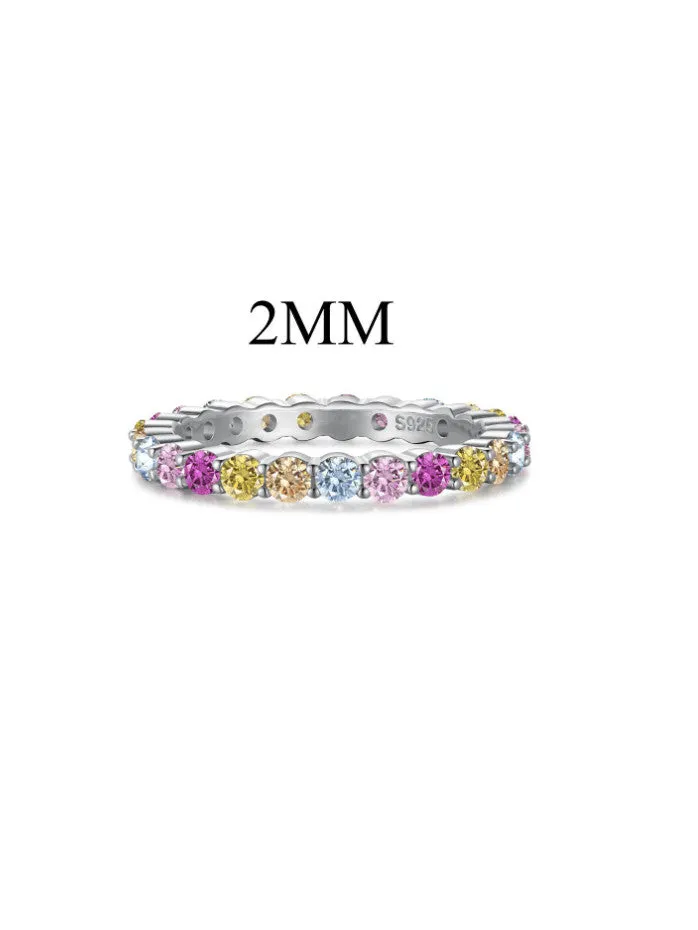 Pastel Rainbow Eternity Ring Band Cubic Zirconia 2mm Thin Dainty Wedding Rings Women's Jewelry