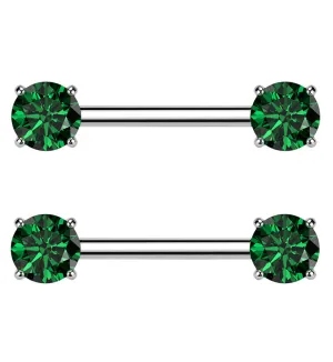 Prong Emerald CZ Threadless Titanium Nipple Barbells