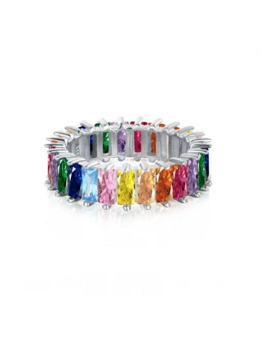 Rainbow Ring Colorful Baguette Eternity Ring 925 Sterling Silver Statement Luxury Rings