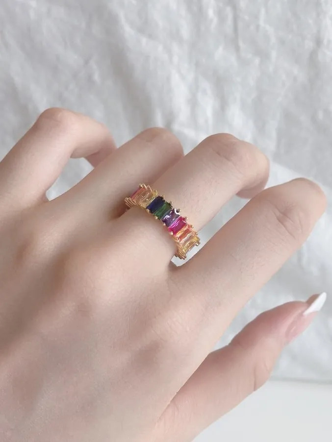 Rainbow Ring Colorful Baguette Eternity Ring 925 Sterling Silver Statement Luxury Rings