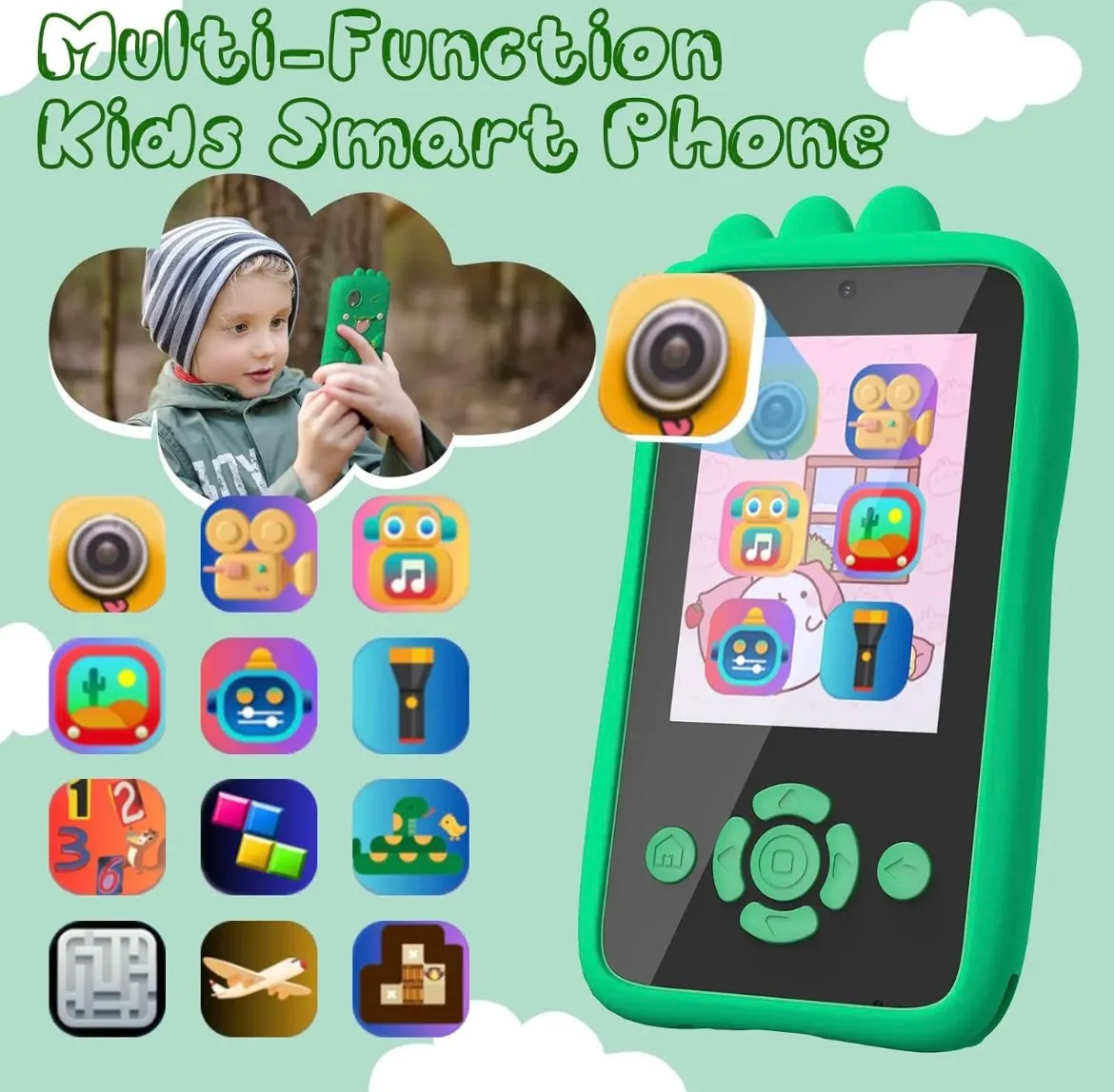 Real phone for kids - phone with camera, games and music - Ctype charging phone with two cameras