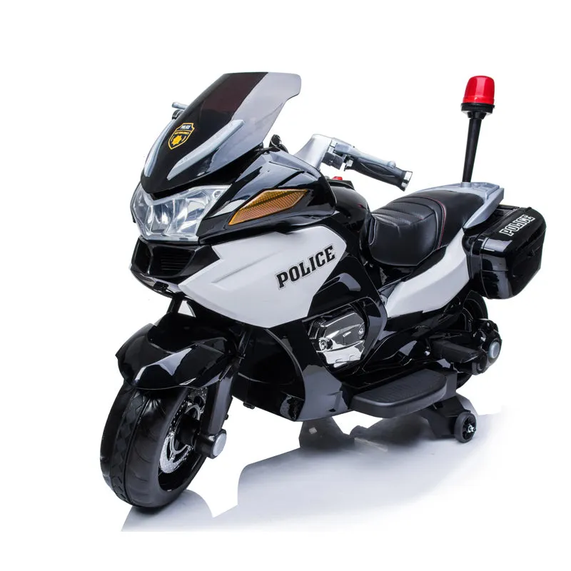 Super Cool 2025 Upgraded 24V Police Ride-On Motorcycle w/ Removable Stabilizing Wheels | Leather Seat | Rubber Tires