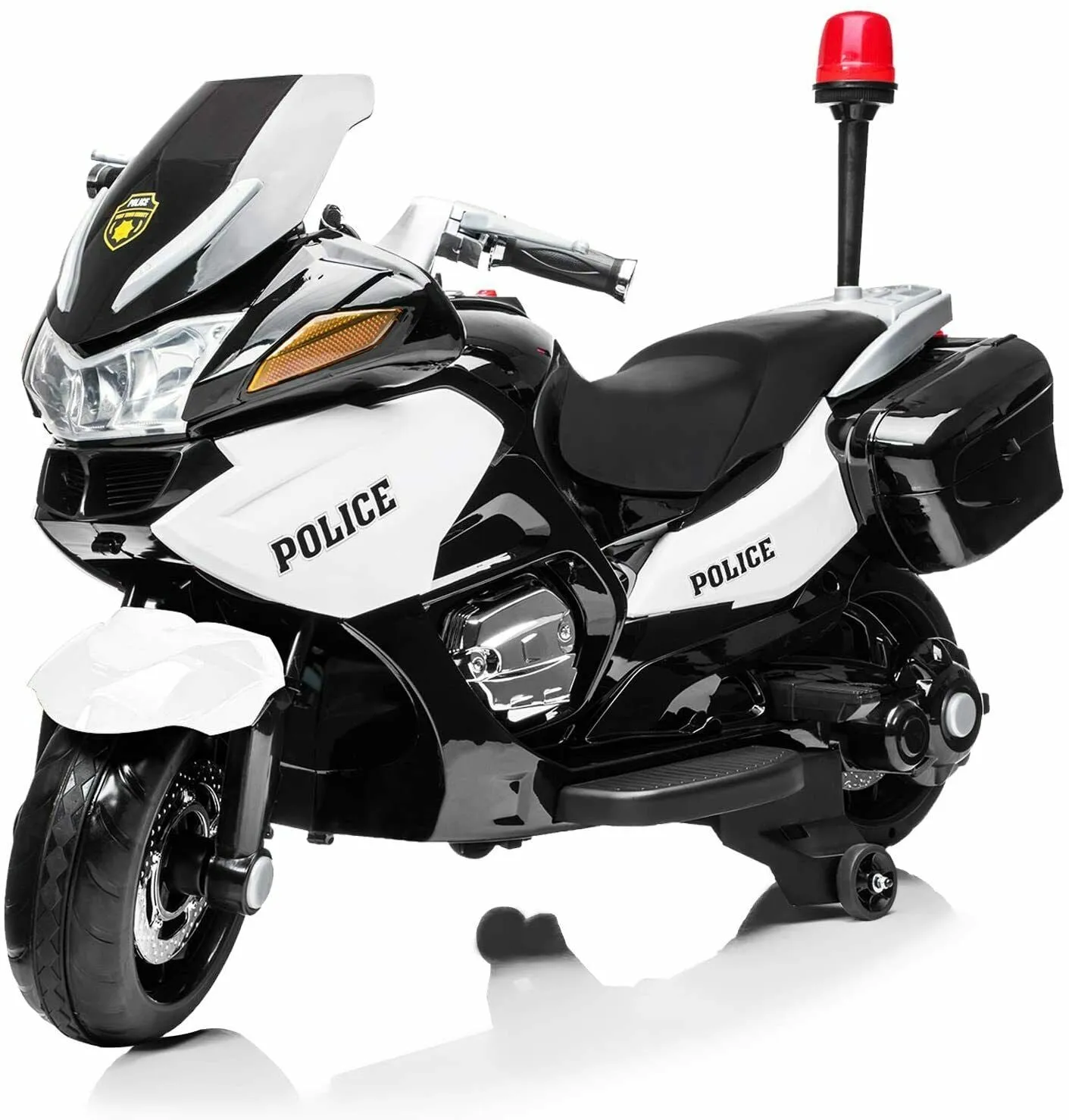 Super Cool 2025 Upgraded 24V Police Ride-On Motorcycle w/ Removable Stabilizing Wheels | Leather Seat | Rubber Tires