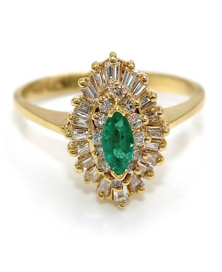 Vintage Marquise Emerald Ring with Diamonds in 18K Gold (Watch Video)