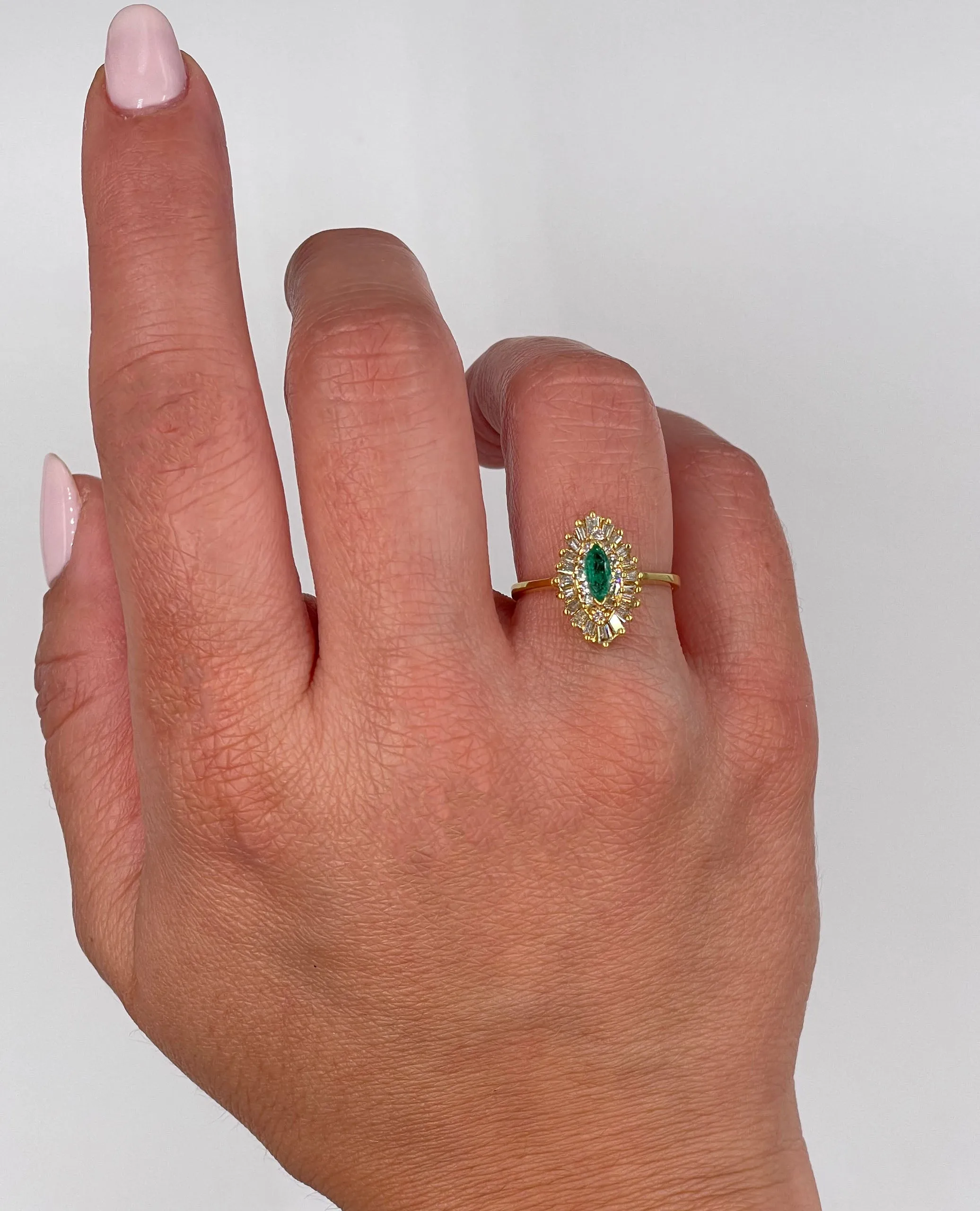 Vintage Marquise Emerald Ring with Diamonds in 18K Gold (Watch Video)